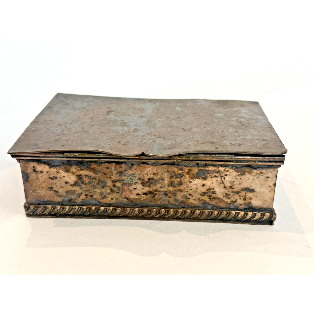 Antique Silver Plate Old English Repro B.D 98 Wood Line Trinket Box EP on Copper